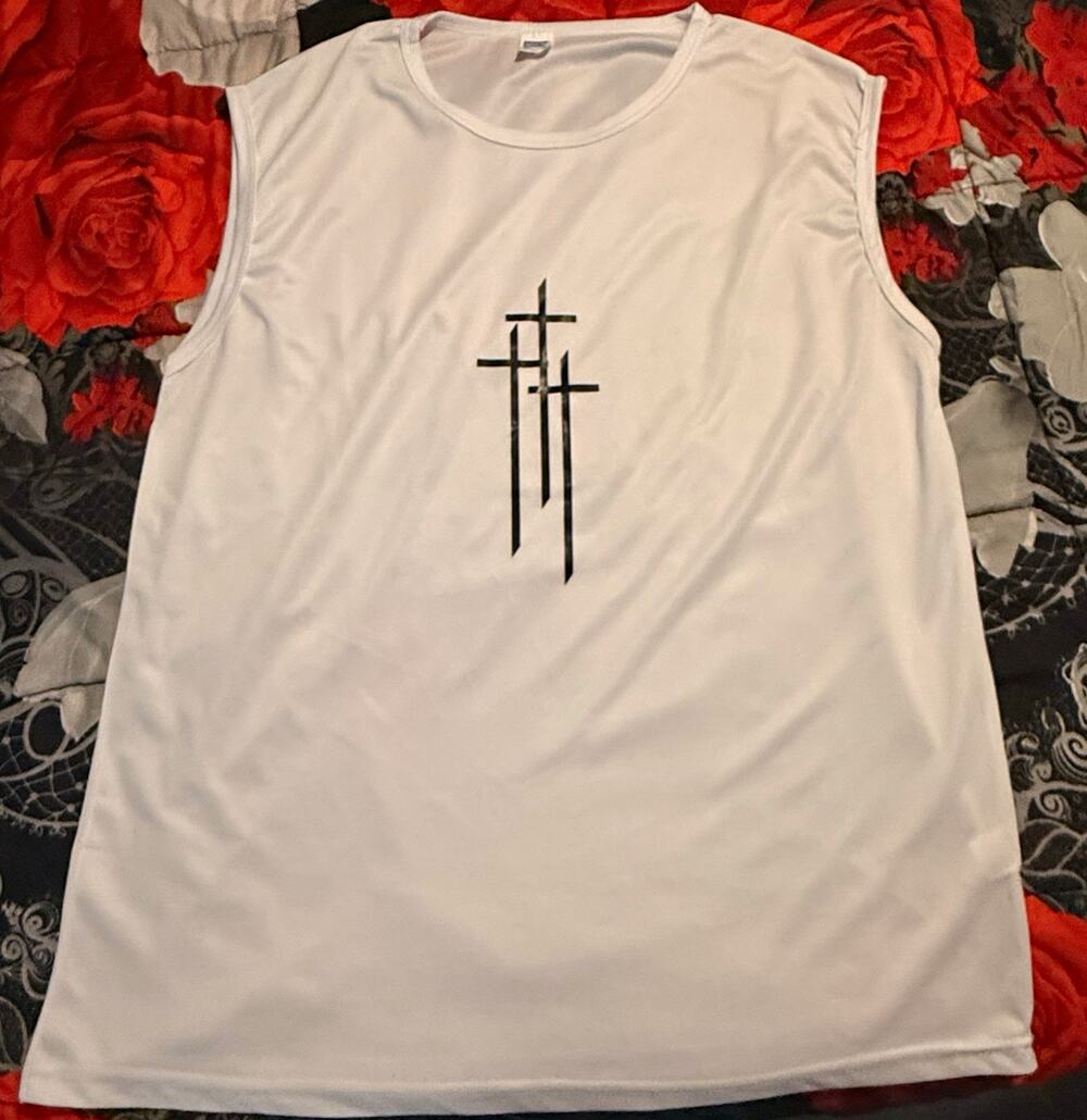JELL-SL Men's XL White Polyester Crew Neck Sleeveless Cross Graphic Tank